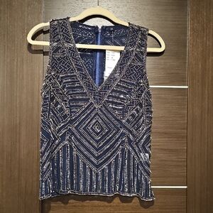 Navy Blue Beaded Sleeveless Top